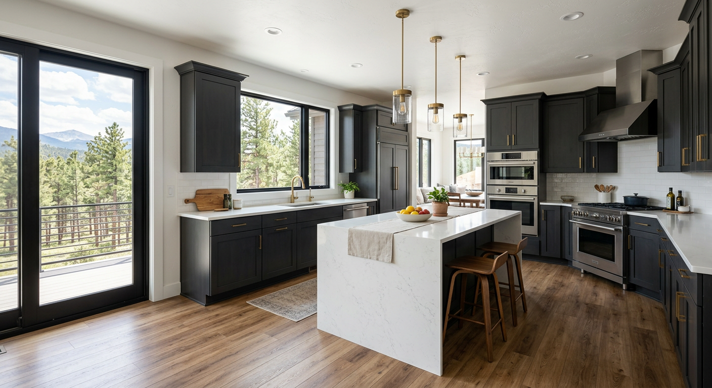 Modern kitchen with oak-look laminate flooring