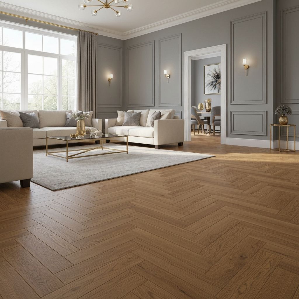 Luxury herringbone oak flooring in a sunlit living room
